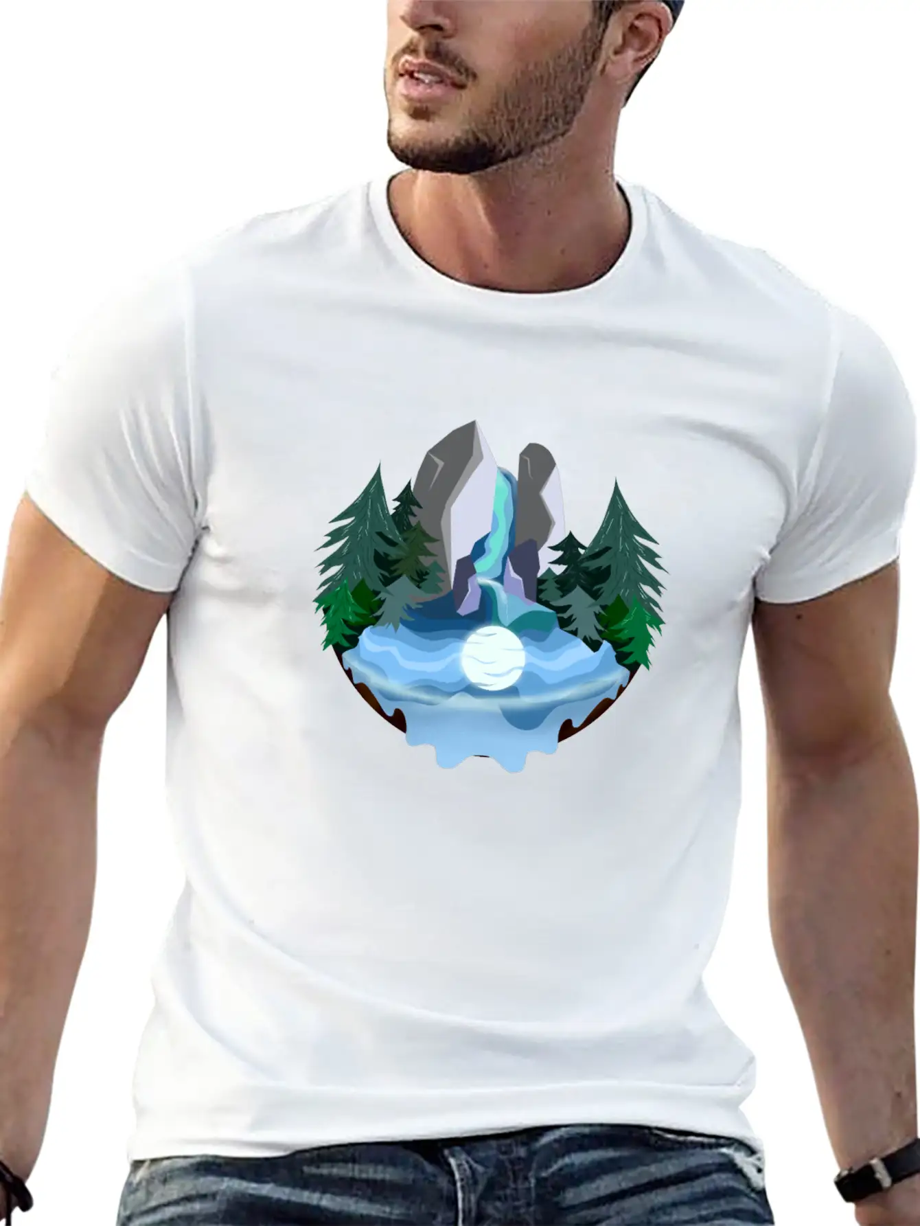 Waterfall In Forest At Night Essential Cotton Tee For Daily Outfits ¨C Unisex Style