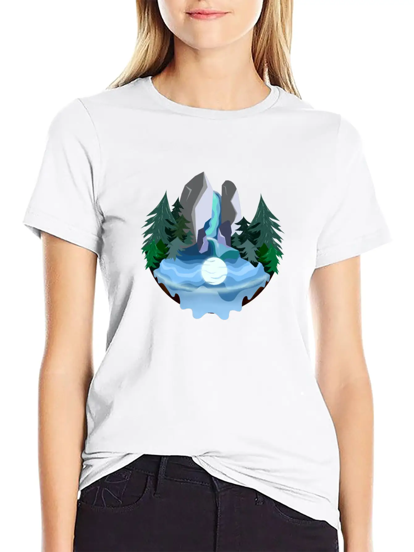 Waterfall In Forest At Night Essential Cotton Tee For Daily Outfits ¨C Unisex Style
