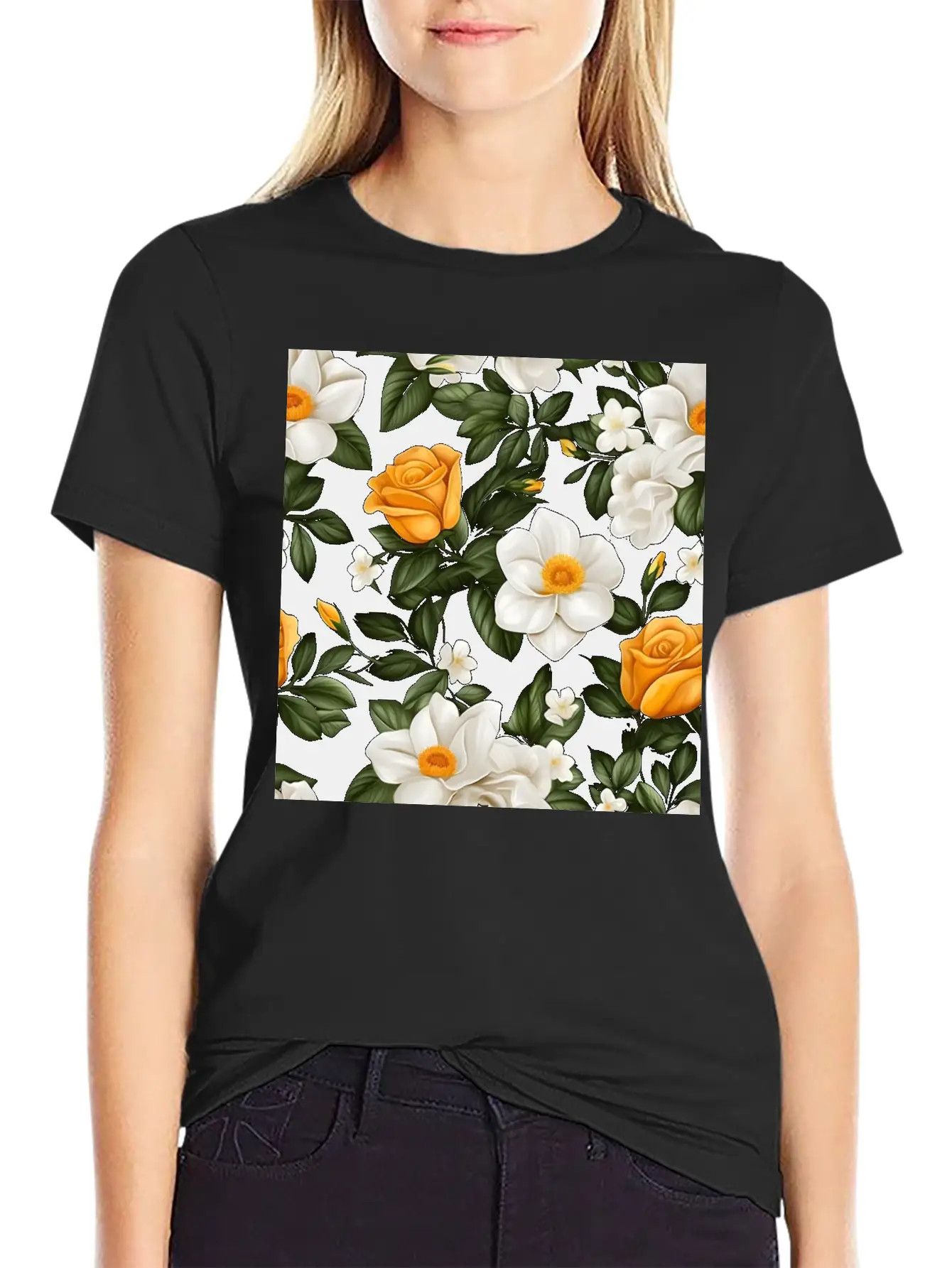 White Roses Flower Blooms Blossom Pattern Soft Cotton Short Sleeve Tee ¨C Unisex Wardrobe Staple