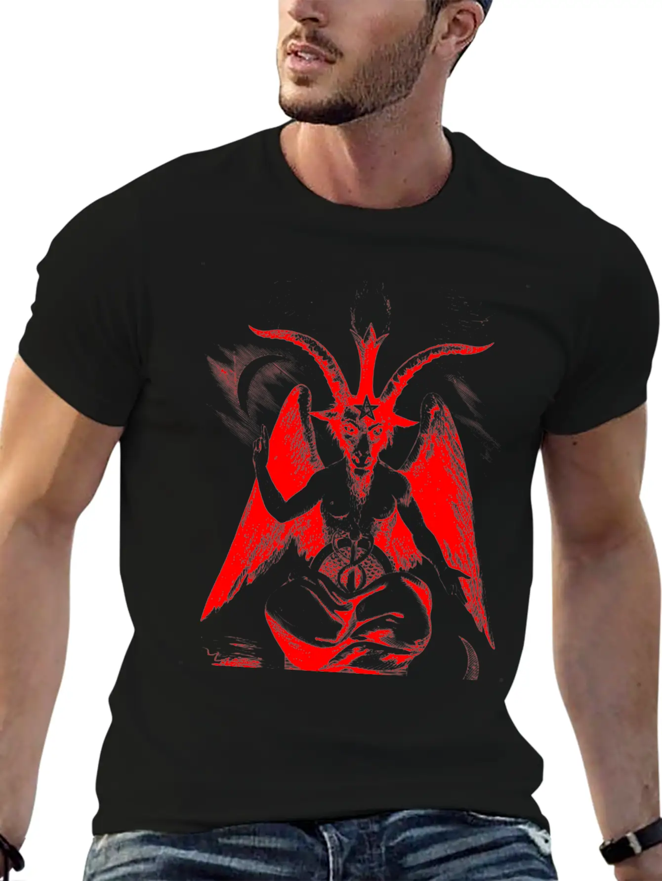 Woodcut, Baphomet - Red Basic Graphic T-Shirt ¨C Daily Comfort In Soft Cotton