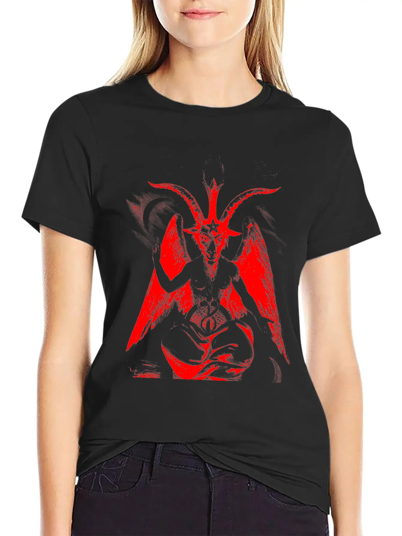 Woodcut, Baphomet - Red Basic Graphic T-Shirt ¨C Daily Comfort In Soft Cotton