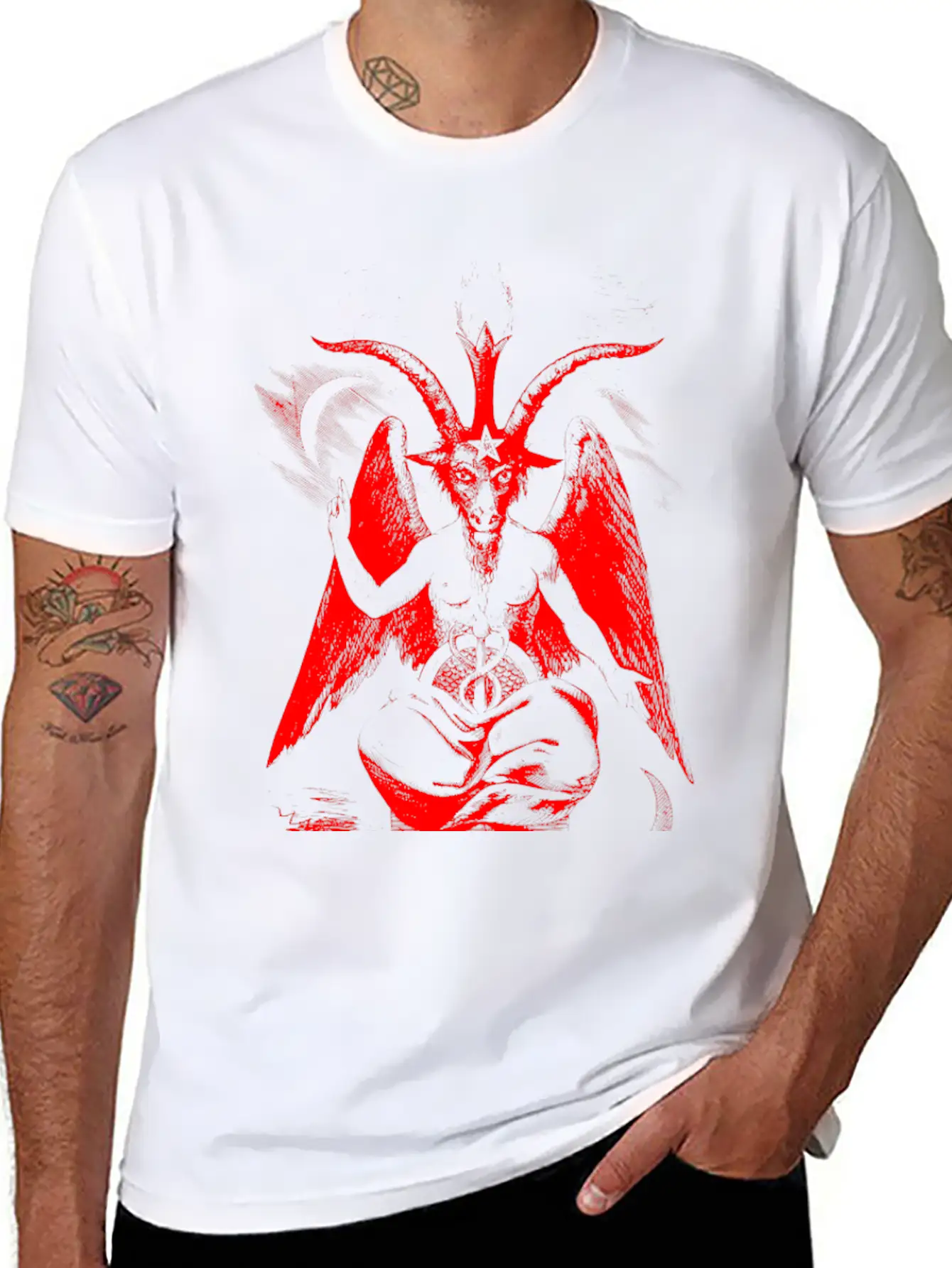 Woodcut, Baphomet - Red Basic Graphic T-Shirt ¨C Daily Comfort In Soft Cotton