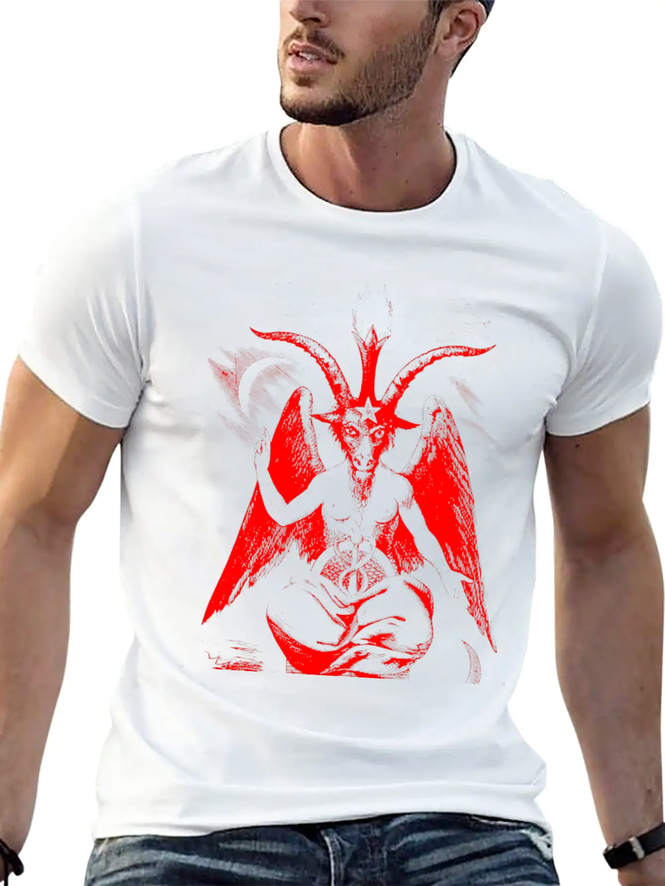Woodcut, Baphomet - Red Basic Graphic T-Shirt ¨C Daily Comfort In Soft Cotton