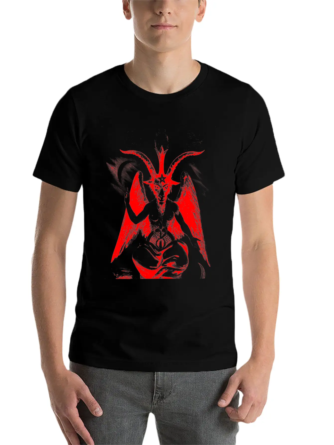 Woodcut, Baphomet - Red Basic Graphic T-Shirt ¨C Daily Comfort In Soft Cotton