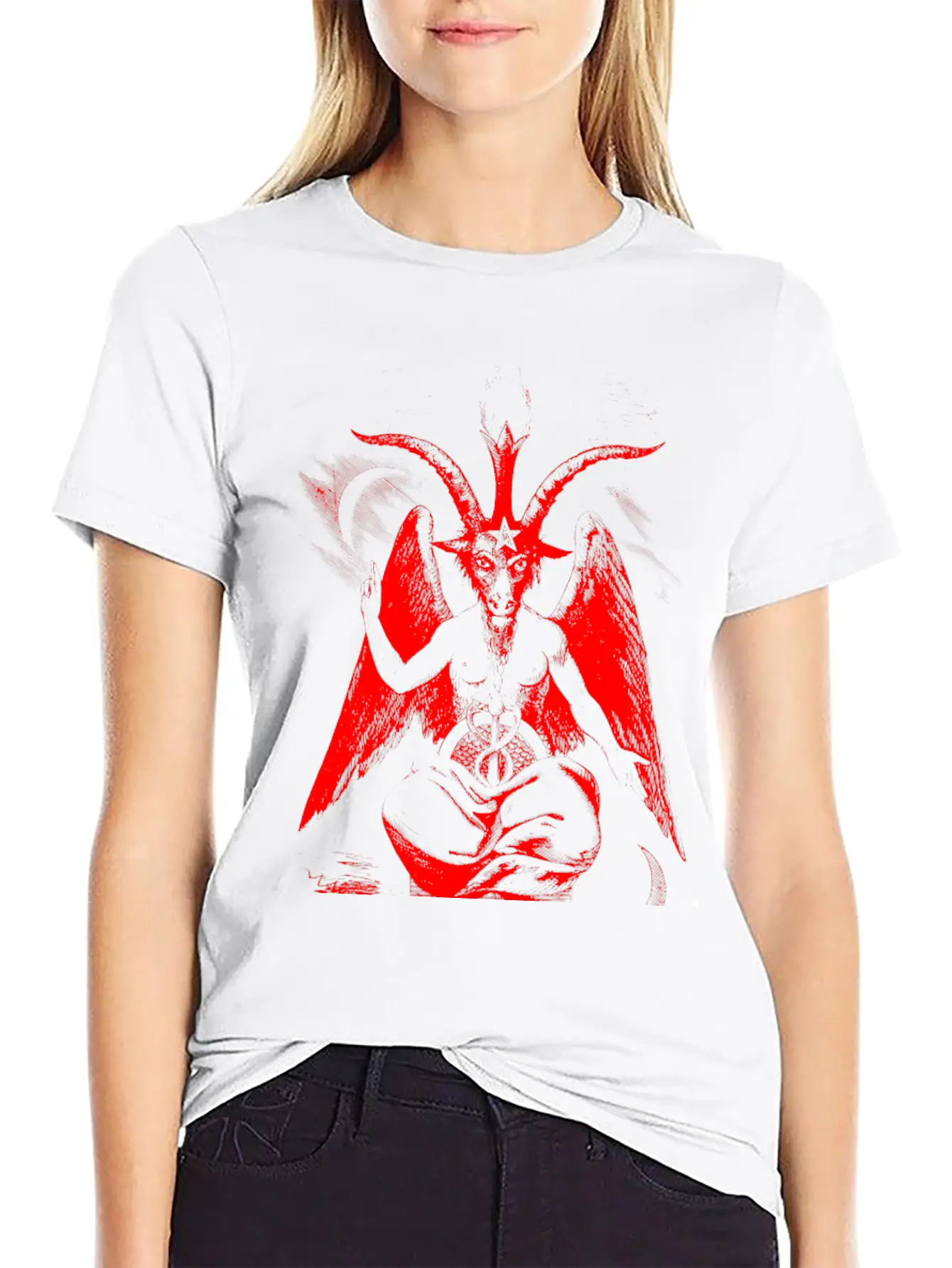 Woodcut, Baphomet - Red Basic Graphic T-Shirt ¨C Daily Comfort In Soft Cotton