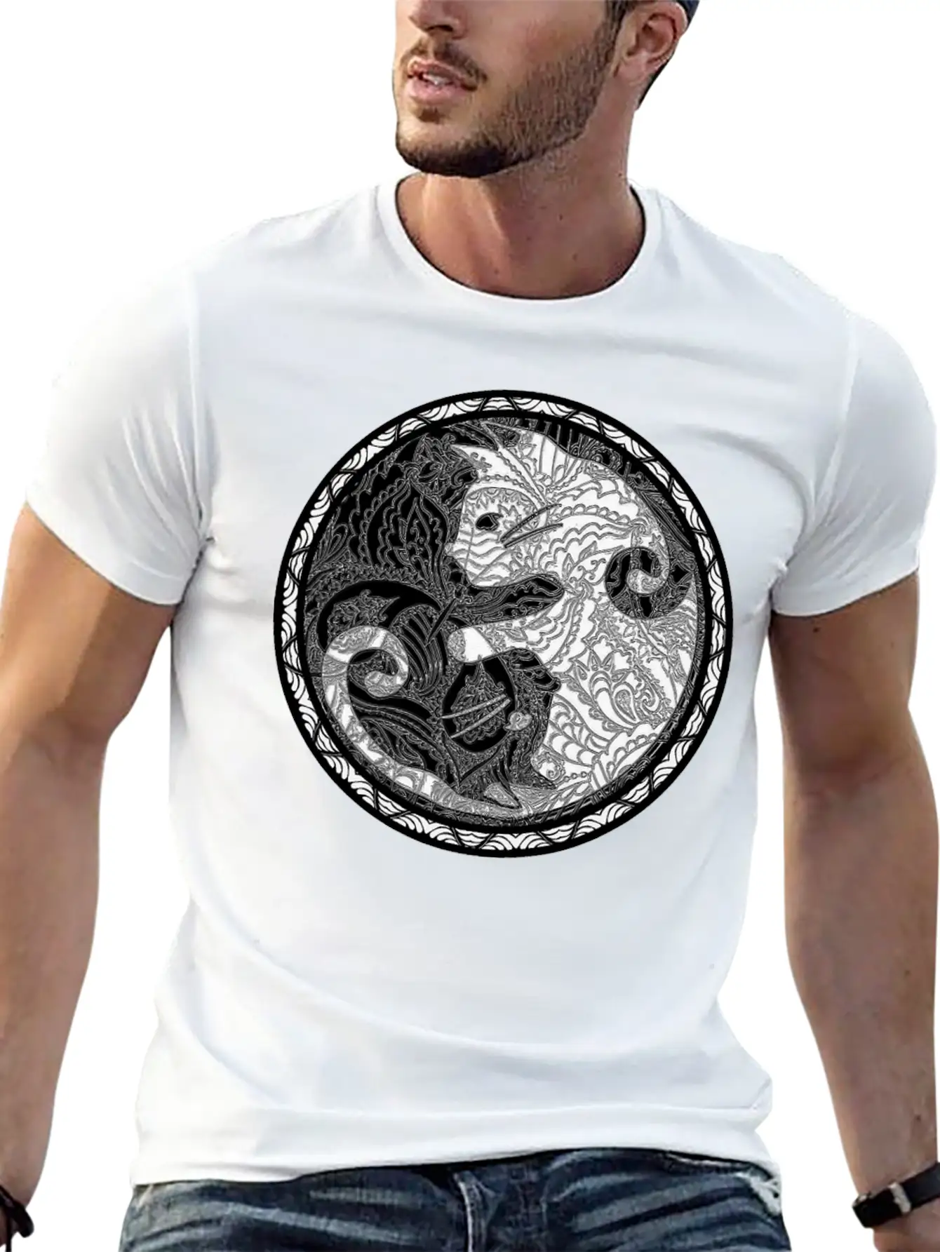 Yin Yang Cats Paisley Print T Shirt Essential Cotton Tee For Daily Outfits ¨C Unisex Style